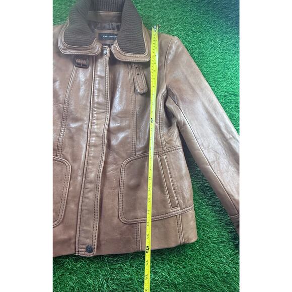 Jones New York Genuine Leather Jacket Women L Camel Tan Zip Moto Bomber Coat - Picture 7 of 10